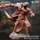 Dynamic 3D-printed resin miniature of Illirian, a spellsword artificer character in an action pose.