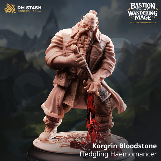 Tabletop male warlock miniature with bloodstone staff, part of the Korgrin Bloodstone DM Stash by Quality Miniatures for RPG gaming.