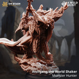Resin-Miniatur von Wolfgang dem Weltenerschütterer, ein Monsterjäger mit Speer in dynamischer Kampfpose.