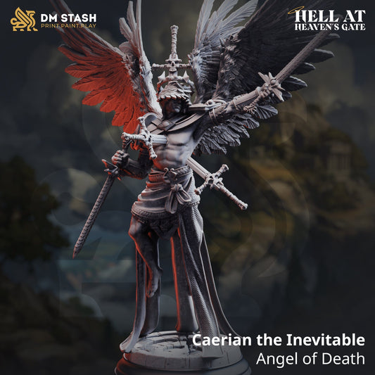 Miniature Caerian Angel of Death tabletop figure from Qumi, designed for D&D and RPG wargaming, shown on a gaming table.
