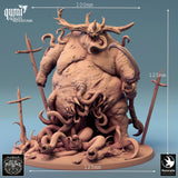 Front view of the demon monster miniature with overlaid dimension labels for scale context.