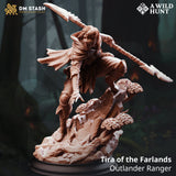 3D-printed resin Tira Outlander Ranger miniature in a dynamic scouting pose with a spear on a rocky terrain base