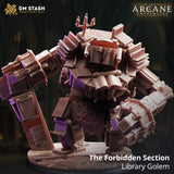 A 3D-printed resin library golem miniature made of books and scrolls standing on a round base.