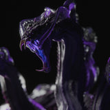 Close-up of a monstrous hydra head with glowing purple light, sharp fangs, and detailed scales.