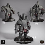 Drei Varianten der Fleshforged Behemoth Monsterminiatur aus verschiedenen Winkeln auf grauem Hintergrund.