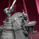 Side profile of the painted miniature showing the mechanical saw arm and a goblin carrying a wooden crate.