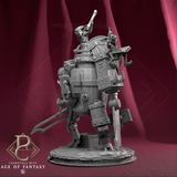 Side profile of a 3D-printed goblin mech miniature holding a wrench and open book