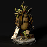 Close-up render of a goblin climbing the side of the wooden barrel chassis on the mechanical walker.
