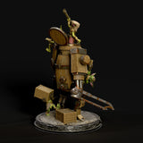 Detailed render of a goblin crew member inside the hood, wielding a large wrench on the mechanical walker.