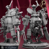 Front view of the painted Wood Gear Goblin walker with three goblin crew members on a textured base.