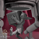 Close-up of a goblin miniature carrying a wooden crate under the barrel mech structure