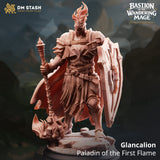 Resin printed Glancalion Paladin miniature with flaming helmet and shield, standing on a rocky base.