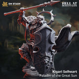 Kigari Solheart, ein löwenköpfiger Paladin mit Speer und Schild in einer dynamischen Kampfpose.