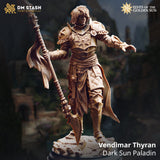 Resin 3D-printed miniature of Vendimar the Paladin holding a spear on a stone base