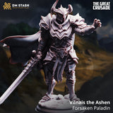3D-printed Vilnais the Ashen Paladin miniature featuring detailed plate armor, cape, and longsword for tabletop gaming.