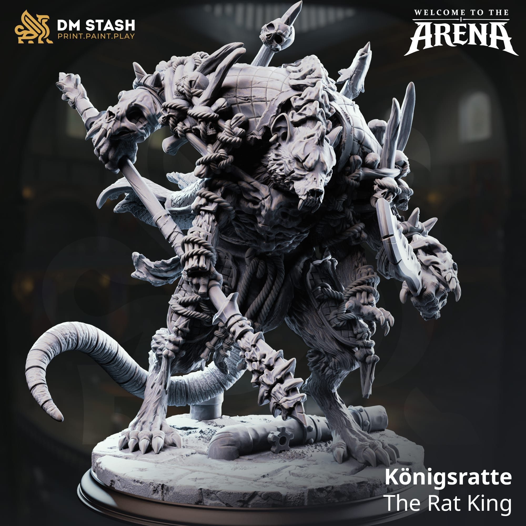 Detailed image of a 32mm Ratfolk Fighter miniature called Königsratte, the Rat King, from Quality Miniatures for tabletop gaming.