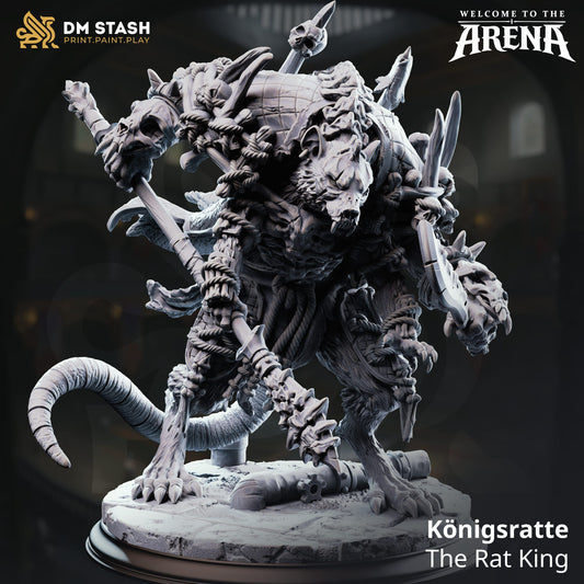 Detailed image of a 32mm Ratfolk Fighter miniature called Königsratte, the Rat King, from Quality Miniatures for tabletop gaming.