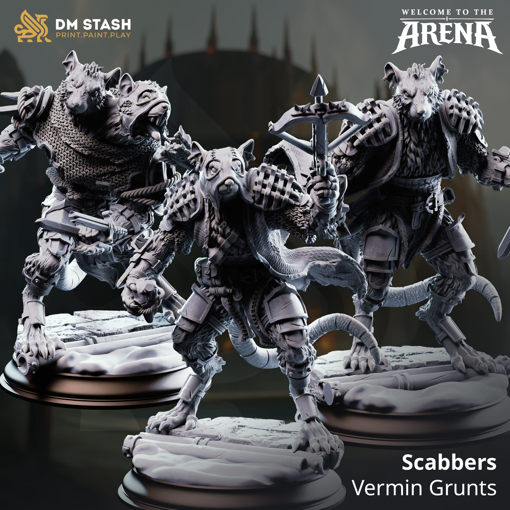 Detailed image of a ratfolk fighter miniature named Scabbers by Quality Miniatures, 32mm and 75mm scale for tabletop RPG gaming.