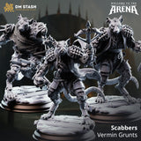 Drei 3D-gedruckte Ratten-Krieger Miniaturen in dynamischen Posen auf detaillierten Stein-Bases