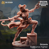 Resin 3D-printed Octavia Resistance Fighter miniature standing on crates with sword and magical flame