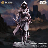 3D-printed gray resin miniature of a hooded female rogue with a sword, standing on a rocky base.