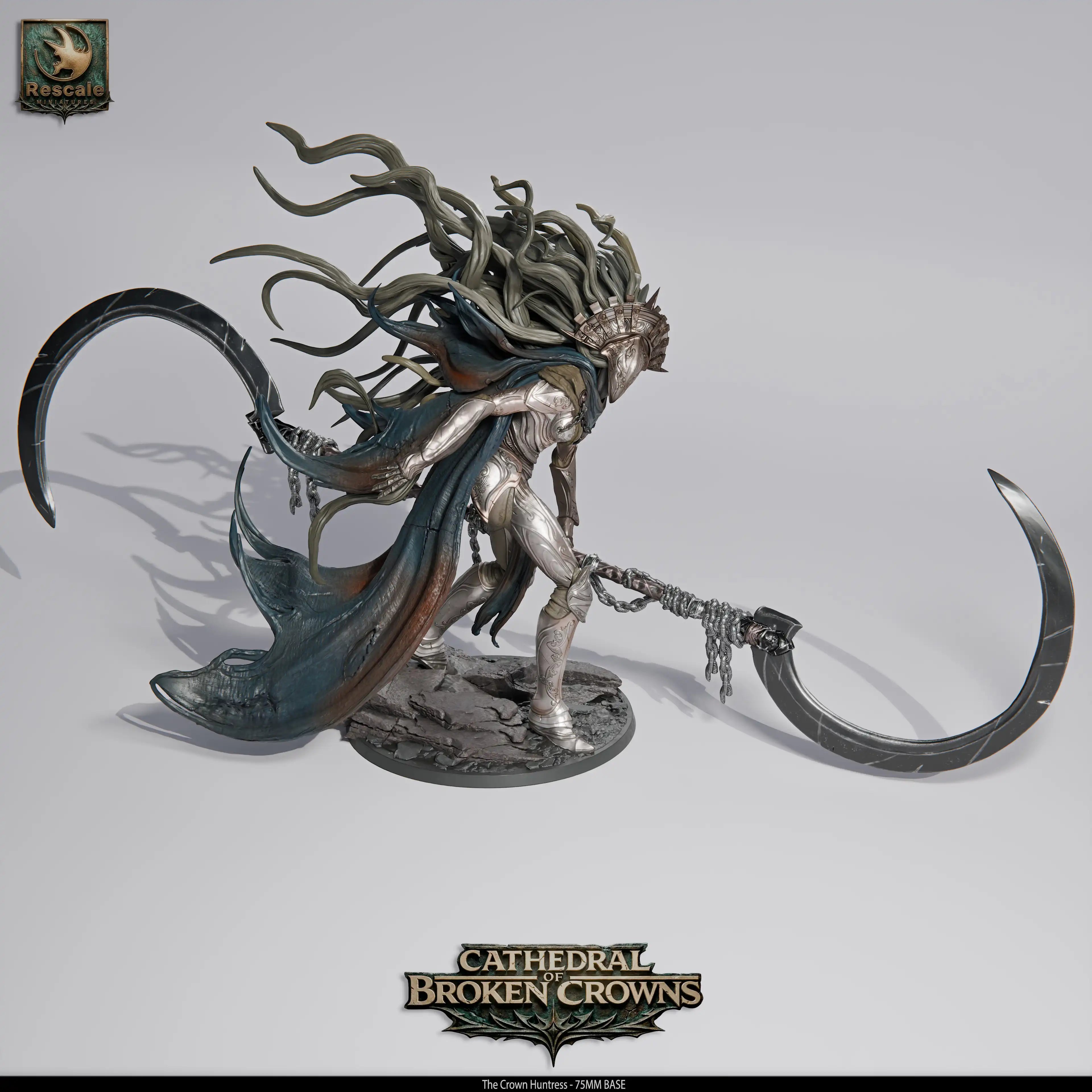 Rescaled tabletop miniature of The Crown Huntress from Roque Miniatures by Qumi, ideal for wargaming and RPG tabletop games.