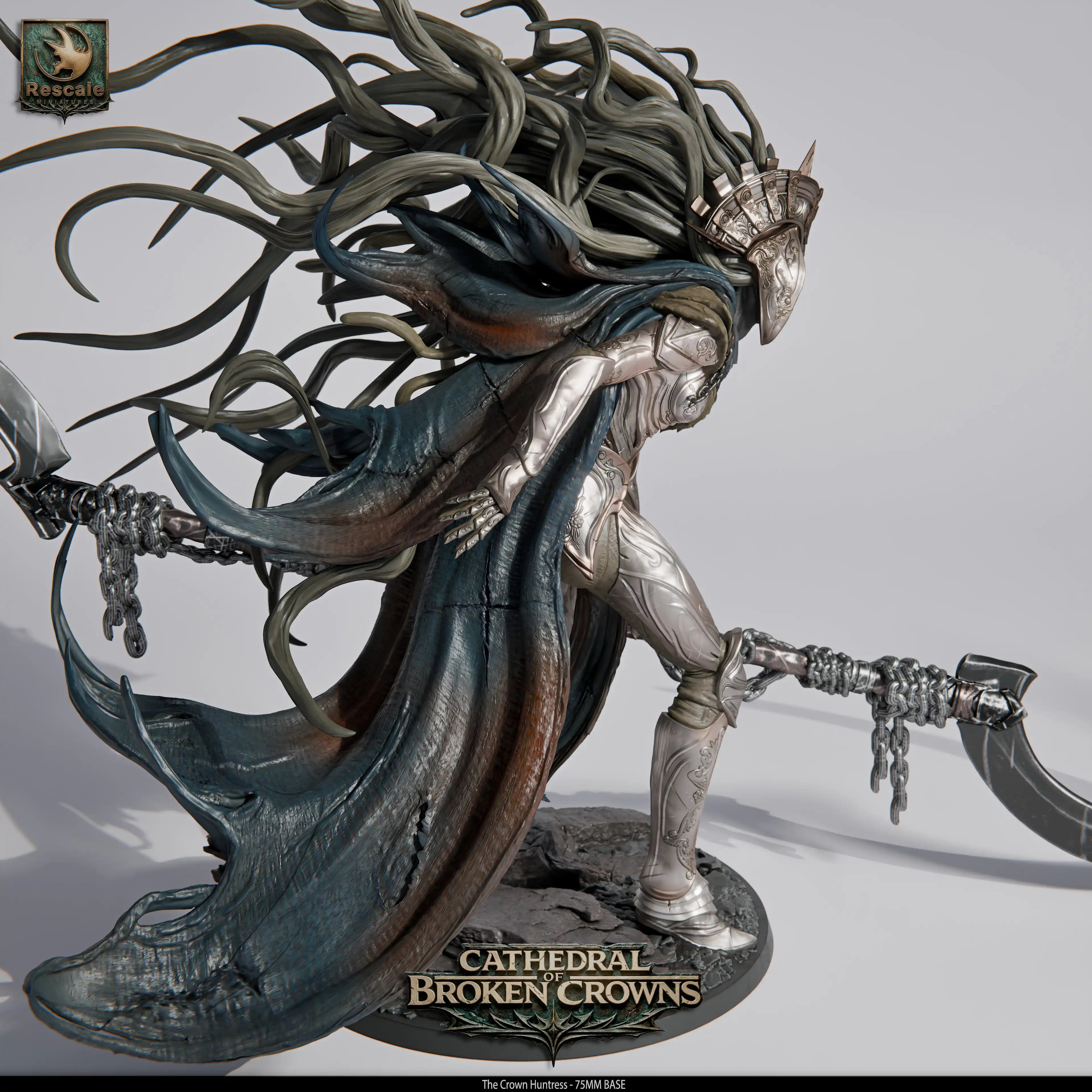 Rescaled Crown Huntress tabletop miniature by Quality Miniatures Qumi, ideal for wargaming and RPG tabletop gaming.