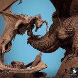 Detailed close up of two dragon faces confronting each other in diorama.