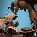 Close up low angle of dragon heads clashing in combat diorama.