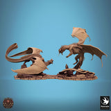 Profile view of two dragons fighting in a cinematic diorama pose on a ruined background