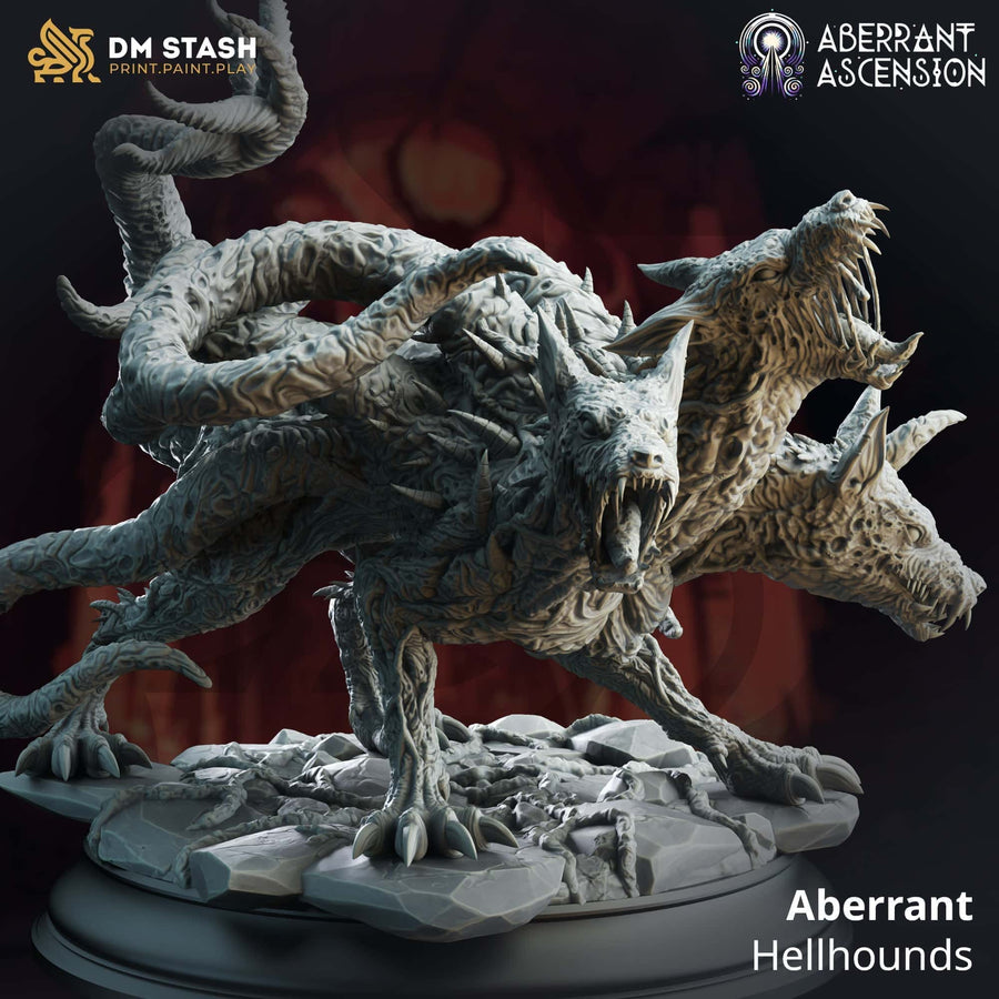 Nahansicht der Aberrant Höllenhund Monster-Miniatur mit detailreichen Tentakeln und mehreren Köpfen.