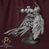 Back view of the mounted figure, highlighting the bird's tail feathers and gear.