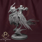 Side view of the warrior mounted on a bird, featuring ornate armor and equipment.