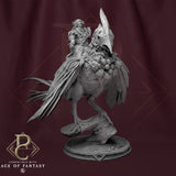 Front-side view of the armored rider mounted on a feathered creature on a round base.