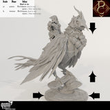 Side profile render with scale chart showing height measurements for the bird and rider.