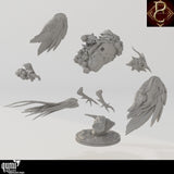 Component parts of the Aerithrian Wind Defender model including wings, rider, and base for assembly.