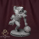 Front view of the shouting Wind Defender, holding a spherical canister while crouching on a textured base.