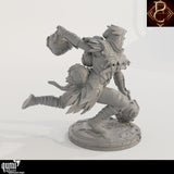 Side profile of the running miniature, showcasing the dynamic pose and detailed leather armor textures.