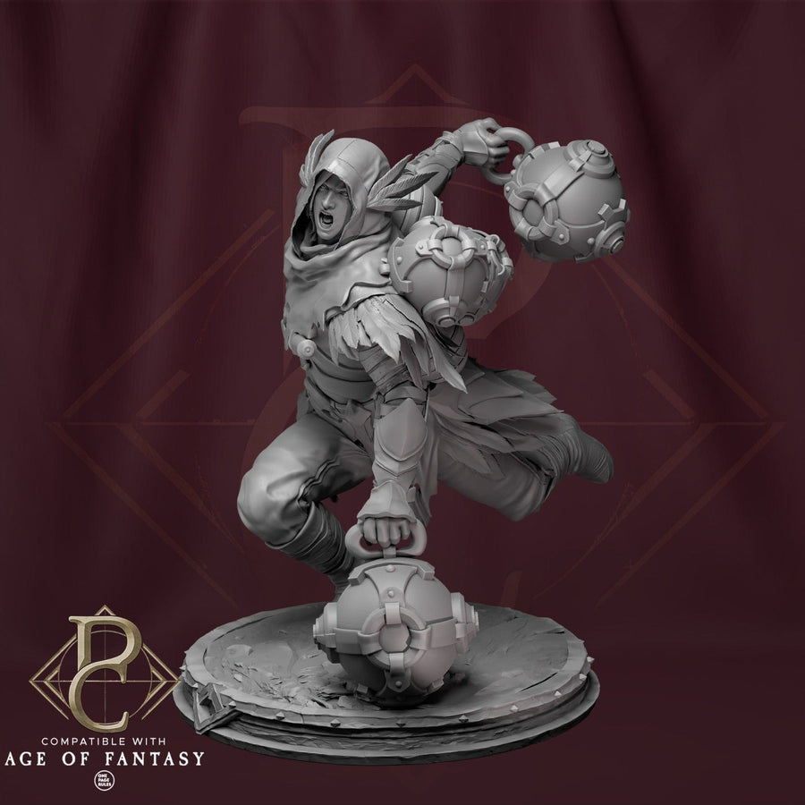 Dynamic 3D-printed resin miniature of the Aerithrian Wind Defender holding spherical weights.