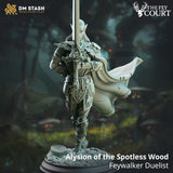 Alysion of the Spotless Wood elf sword fighter standing with a tall blade, highly detailed 3D-printed resin miniature