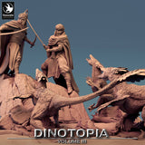 Nahaufnahme der Krieger in einem Duell gegen aggressive, gefiederte Dinosaurier.