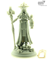 Unpainted 32mm scale resin Cleric miniature standing next to a paperclip for size reference