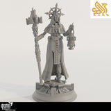 Front view of the female cleric miniature wearing a blindfold and holding a lantern and staff.