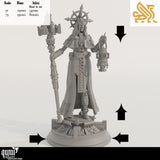 Render of the cleric miniature with black arrows indicating size measurements for the base and figure height.