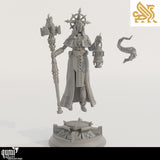 Digital front view of gray resin Cleric miniature with separate base pieces