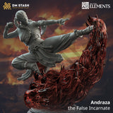 Andraza the False Incarnate fighter miniature in a dynamic kicking pose surrounded by translucent red fire effects