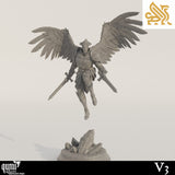 Front 3/4 view of the dual-wielding angel warrior miniature in gray resin, featuring two swords.