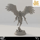 Rear view of the dual-wielding angel warrior miniature with spread wings, mounted on a rocky base.