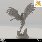 Rear view of the winged angel warrior miniature, highlighting the detailed wing plumage and armor.