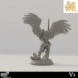 Rear view of an angel warrior miniature showing detailed wing feathers and armor